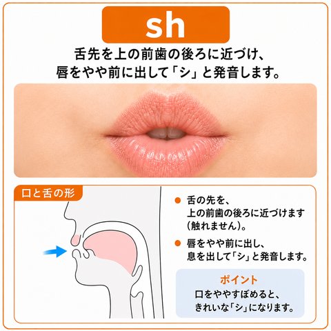 sh の発音の図。舌の先を上の前歯の後ろに近づけ（触れません）、唇をやや前に出して息を出し、「シ」と発音します。口をややすぼめると、きれいな「シ」になります。口もとの写真と、口の中の断面図がのっています。