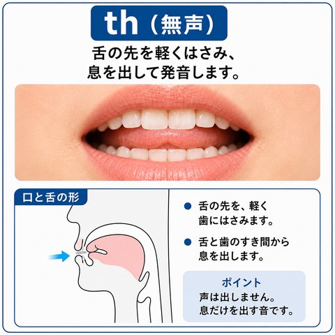 th（無声）の発音の図。舌の先を上下の歯で軽くはさみ、舌と歯のすき間から息を出します。声は出しません。息だけを出す音です。口もとの写真と、口の中の断面図がのっています。