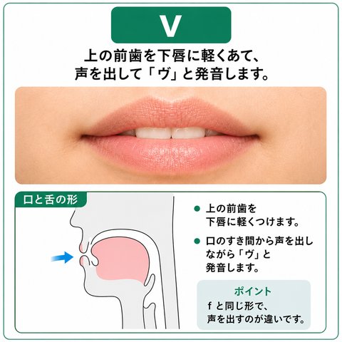 v の発音の図。上の前歯を下唇に軽くつけ、口のすき間から声を出しながら「ヴ」と発音します。f とまったく同じ口の形で、声を出すところだけが違います。口もとの写真と、口の中の断面図がのっています。