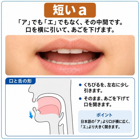 短い a の発音の図。口を左右に少し引いたまま、あごを下げて開きます。日本語の「ア」より口が横に広く、「エ」より大きく開きます。口もとの写真と、口の中の断面図がのっています。