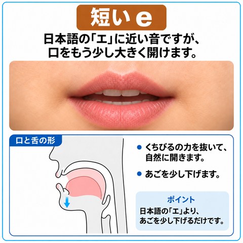 短い e の発音の図。日本語の「エ」より、あごを少し下げて口を広く開けます。口の力は抜いたままです。口もとの写真と、口の中の断面図がのっています。
