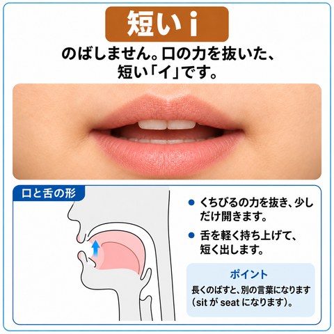 短い i の発音の図。口を大きく横に引かず、力を抜いた形で短く出します。日本語の「イー」のように長くのばすと、別の語（seat）に聞こえます。口もとの写真と、口の中の断面図がのっています。