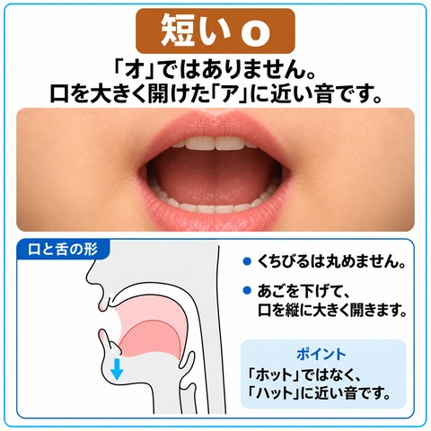 短い o の発音の図。くちびるを丸めず、口を大きく開けます。日本語の「オ」のようにすぼめると、通じにくくなります。口もとの写真と、口の中の断面図がのっています。
